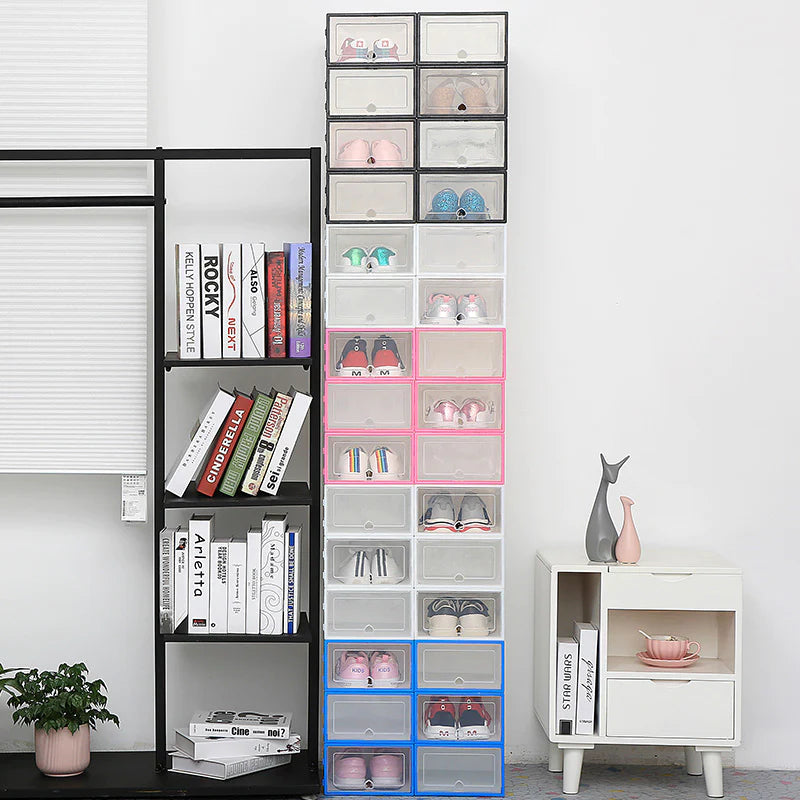 Organized closet with multiple UltraClear Shoe Boxes holding different types of shoes